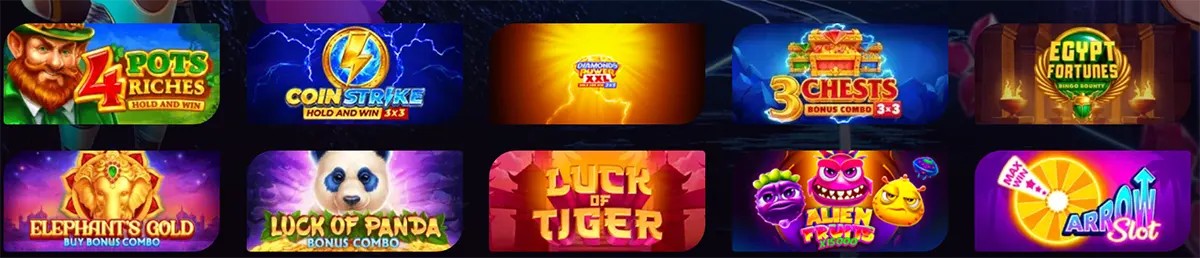 Casino game grid featuring colorful slot thumbnails including 4 Pots Riches, Coin Strike, 3 Chests, Egypt Fortunes, Elephants Gold, Luck of Panda, Luck of Tiger, Alien Fruits, and Carrot Slot.