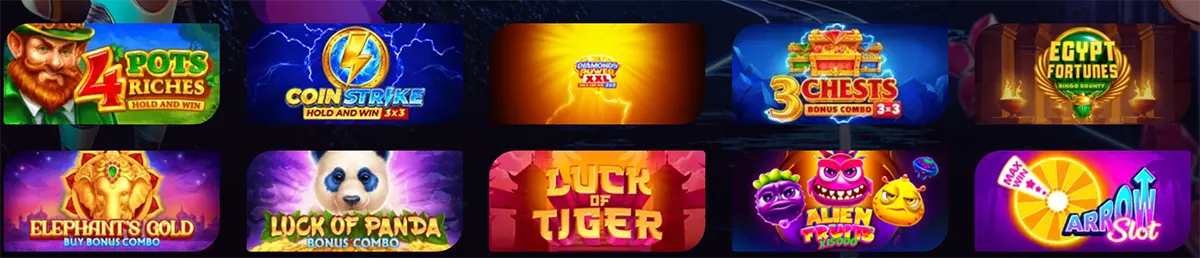 Casino game grid featuring colorful slot thumbnails including 4 Pots Riches, Coin Strike, 3 Chests, Egypt Fortunes, Elephants Gold, Luck of Panda, Luck of Tiger, Alien Fruits, and Carrot Slot.