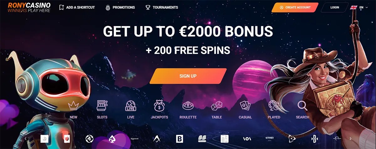 Casino homepage banner with a space-themed background, a €2,000 bonus plus 200 free spins promotion, a central sign-up button, and illustrated character mascots on both sides.
