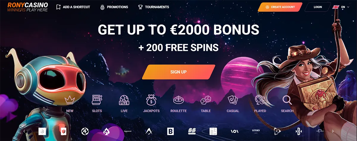 Casino homepage banner with a space-themed background, a €2,000 bonus plus 200 free spins promotion, a central sign-up button, and illustrated character mascots on both sides.