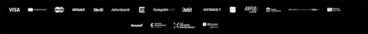 Payment methods banner displaying Visa, Mastercard, Maestro, Astropay, Skrill, Jetonbank, paysafecard, iDebit, InstaDebit, Rapid Transfer, bank transfer, crypto processing, identity verification, Bitcoin, and virtual card logos on a black background.