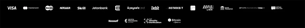 Payment methods banner displaying Visa, Mastercard, Maestro, Astropay, Skrill, Jetonbank, paysafecard, iDebit, InstaDebit, Rapid Transfer, bank transfer, crypto processing, identity verification, Bitcoin, and virtual card logos on a black background.