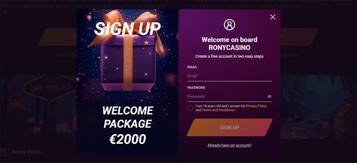 Casino sign-up popup featuring a welcome package of €2,000, a gift box graphic, and a registration form on a dark purple background.