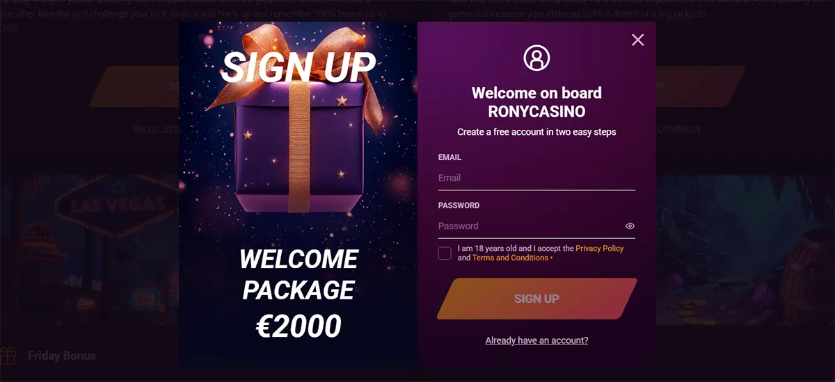 Casino sign-up popup featuring a welcome package of €2,000, a gift box graphic, and a registration form on a dark purple background.